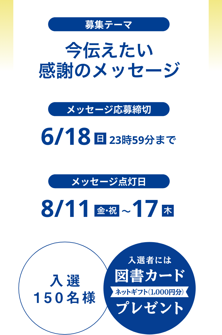 募集テーマ 今伝えたい感謝のメッセージ メッセージ応募締切 6/18日曜 23時59分まで メッセージ点灯日 8/11金曜から17木曜 入選人数 150名様 入選者には図書カードプレゼント